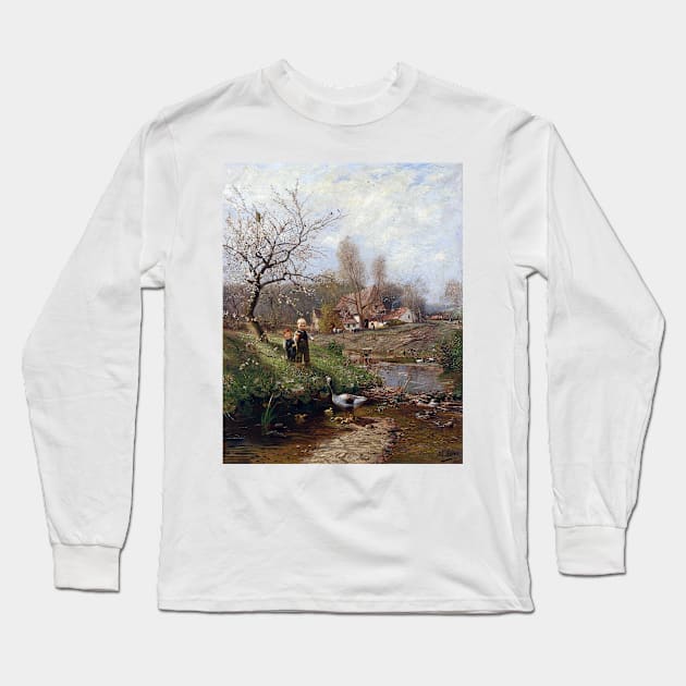 Adolf Lins Spring Landscape Two Children and Geese Long Sleeve T-Shirt by pdpress